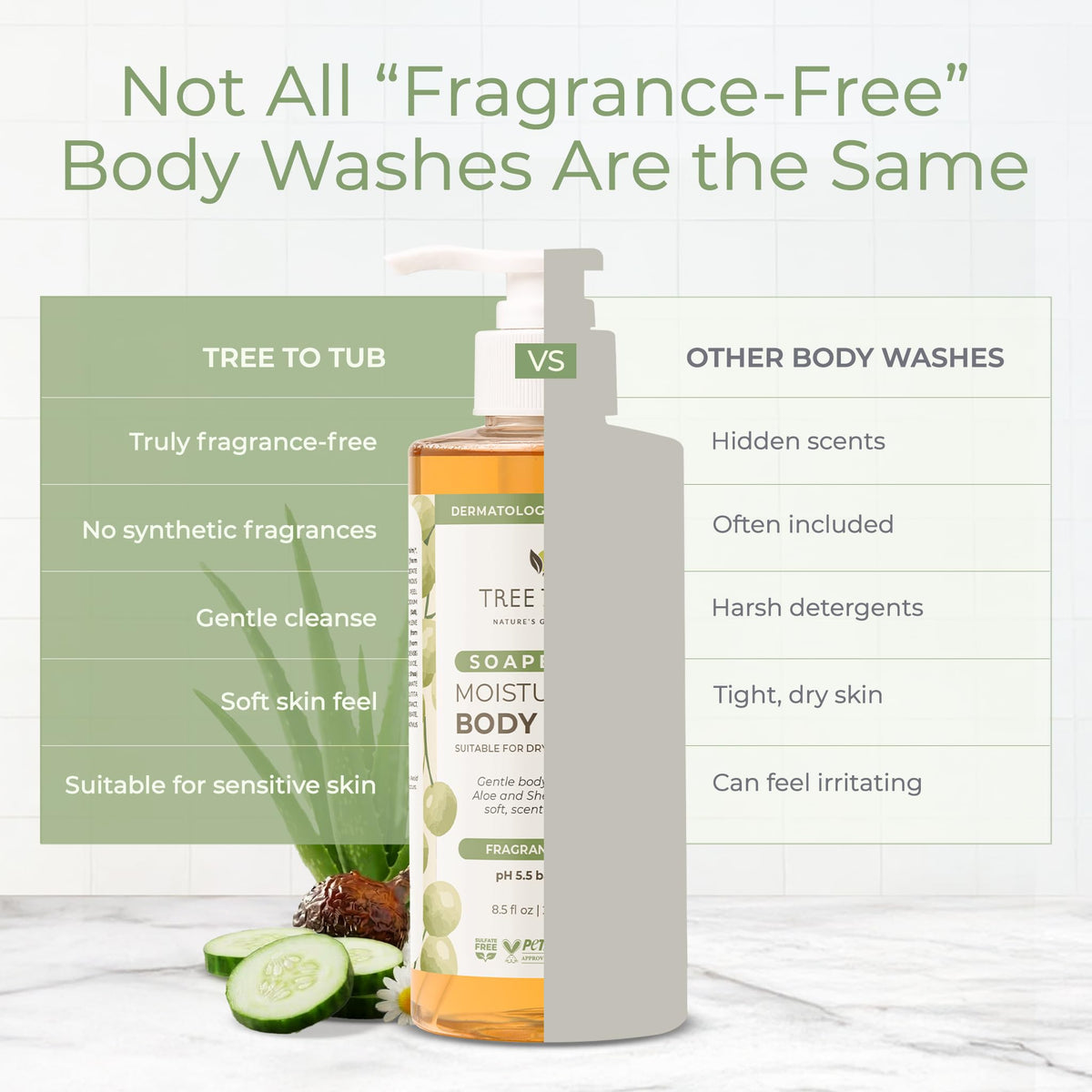 Tree To Tub bottle on shower shelf illustrating everyday use convenience