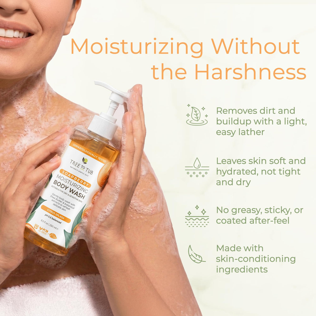 Tree To Tub citrus texture foam on hand demonstrating gentle lather