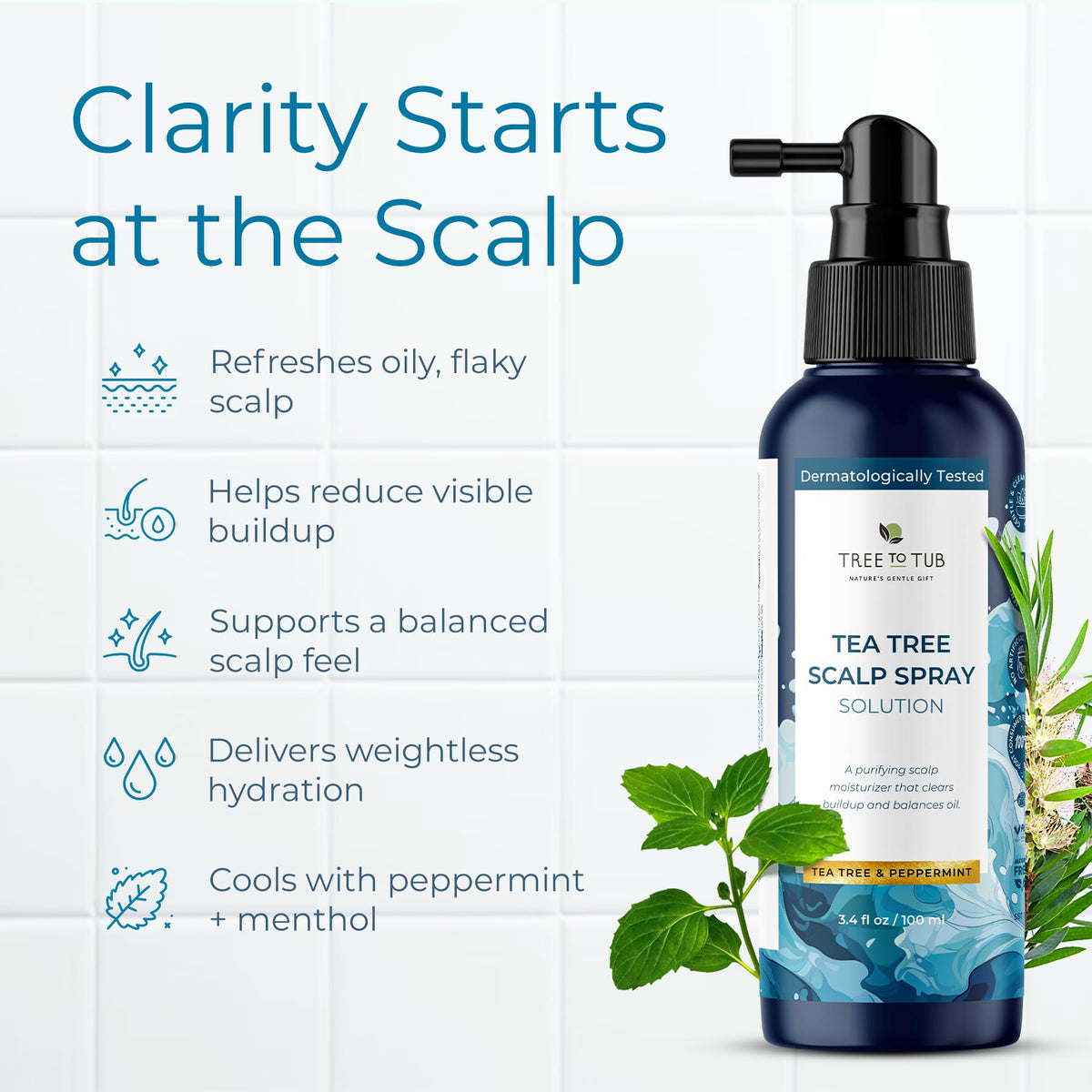 Tree To Tub tea tree ingredient close-up highlighting purifying benefits
