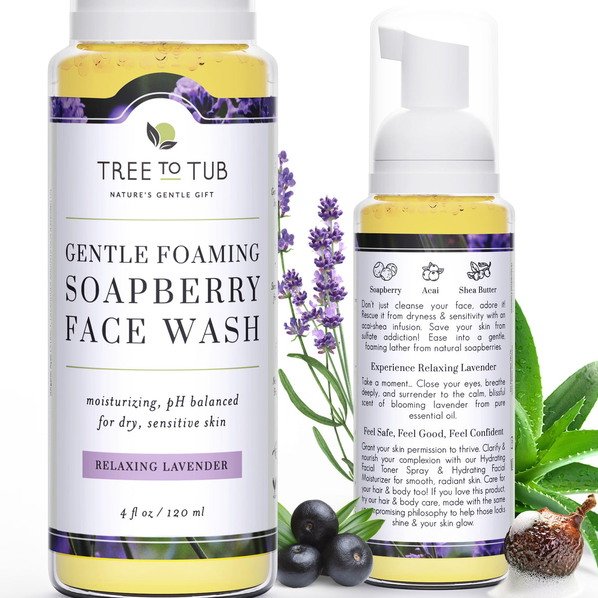 Tree To Tub front bottle showing packaging and soothing benefit