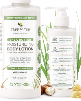 Tree To Tub front label showing cocoa butter lotion and calming benefits