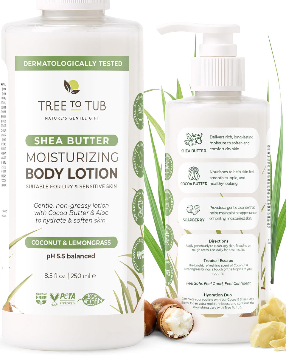 Tree To Tub front label showing cocoa butter lotion and calming benefits