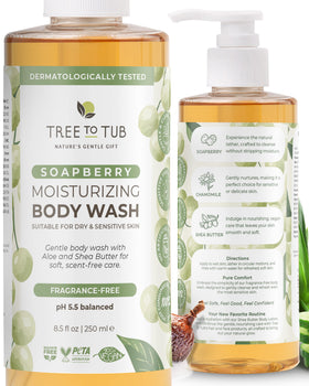 Tree To Tub front bottle view showing unscented body wash and gentle benefits