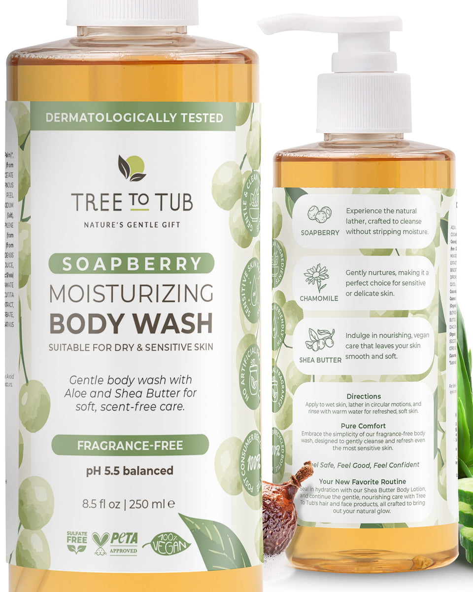 Tree To Tub front bottle view showing unscented body wash and gentle benefits