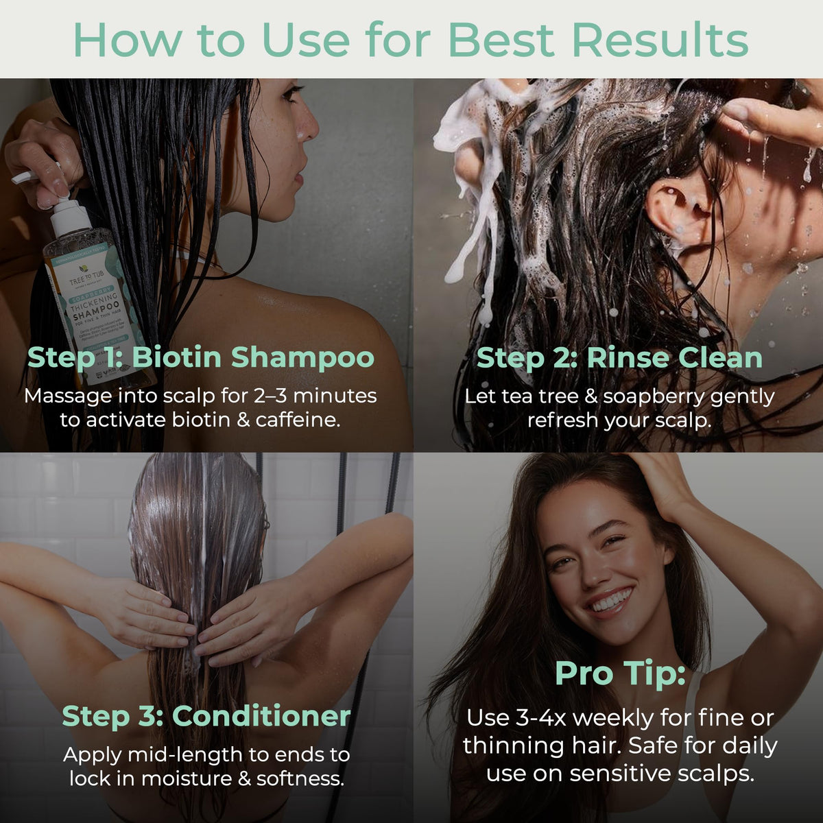 Tree To Tub shampoo and conditioner in shower use demonstrating application
