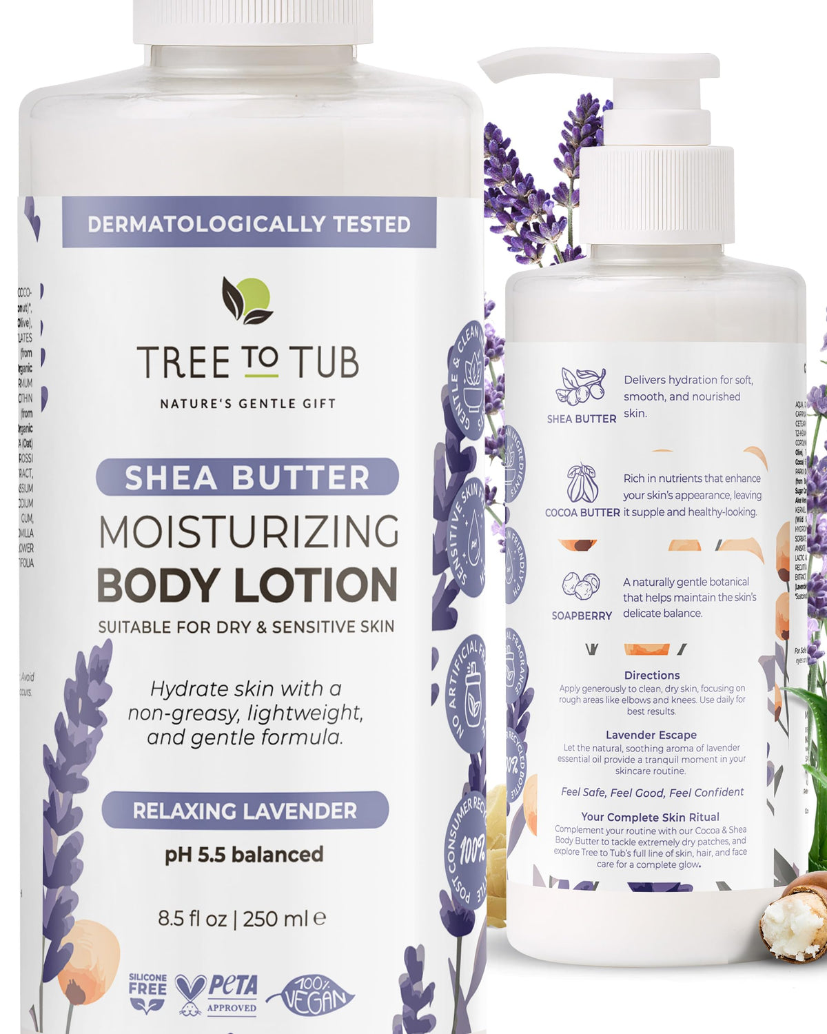 Tree To Tub front packaging showing moisturizer benefits and lavender scent