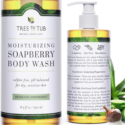 Tree To Tub front bottle shows peppermint body wash and gentle formula benefits