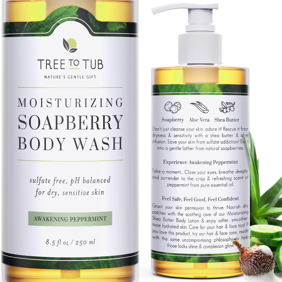Tree To Tub front bottle shows peppermint body wash and gentle formula benefits