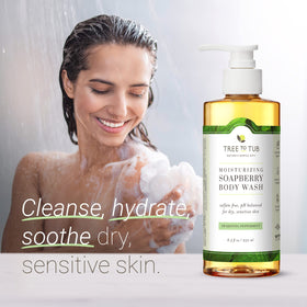 Tree To Tub pump and label close-up highlighting organic ingredients and pH balance
