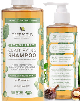 Tree To Tub front bottle showing label and clarifying benefits