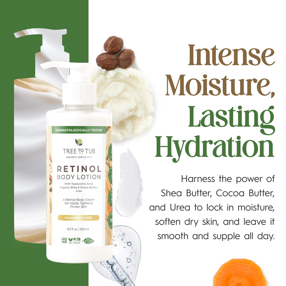 Tree To Tub ingredients display with hyaluronic acid and shea butter benefits