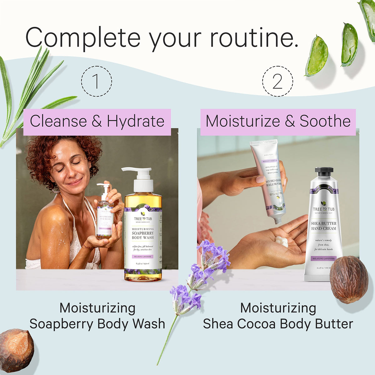 Tree To Tub tube next to a hand showing compact travel-ready moisturizing benefit