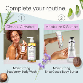Tree To Tub tube next to a hand showing compact travel-ready moisturizing benefit