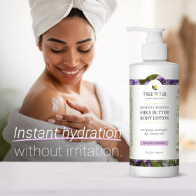 Tree To Tub lotion texture close-up highlighting creamy shea butter hydration