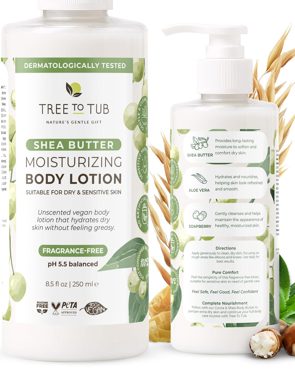 Tree To Tub front packaging shows product and clear unscented claim for gentle hydration