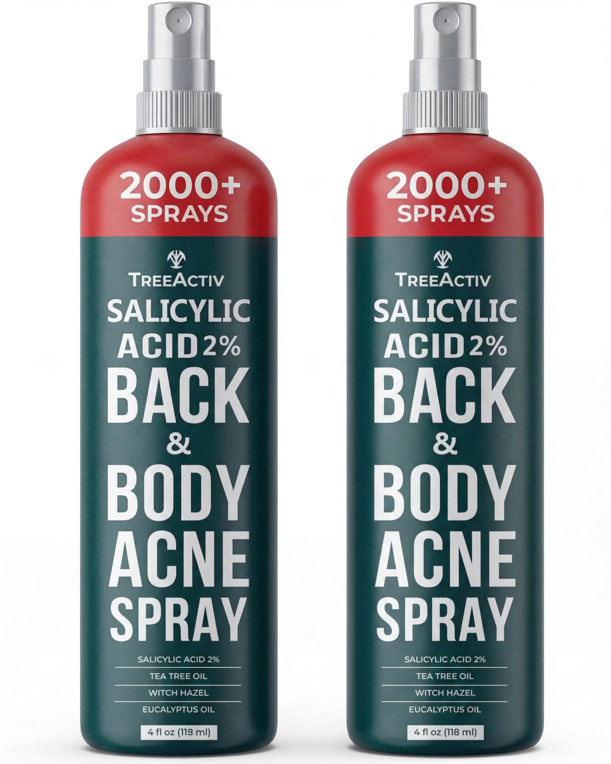 TreeActiv front packaging showing two acne spray bottles and benefits