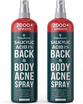 TreeActiv front packaging showing two acne spray bottles and benefits