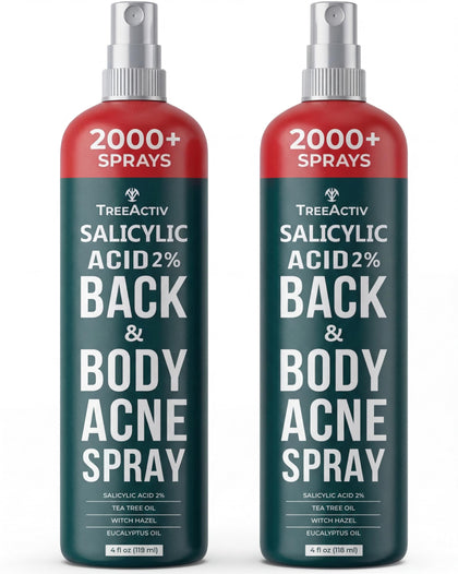 TreeActiv front packaging showing two acne spray bottles and benefits