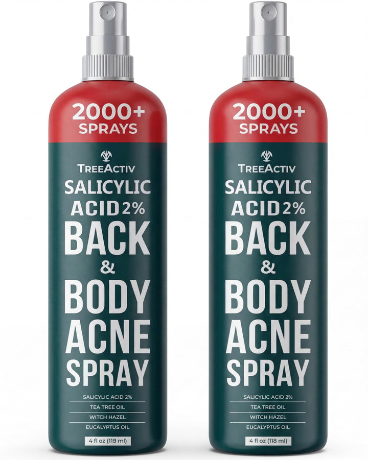 TreeActiv front packaging showing two acne spray bottles and benefits