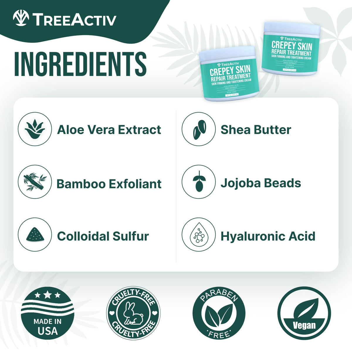 TreeActiv ingredient label highlighting glycolic acid and shea butter