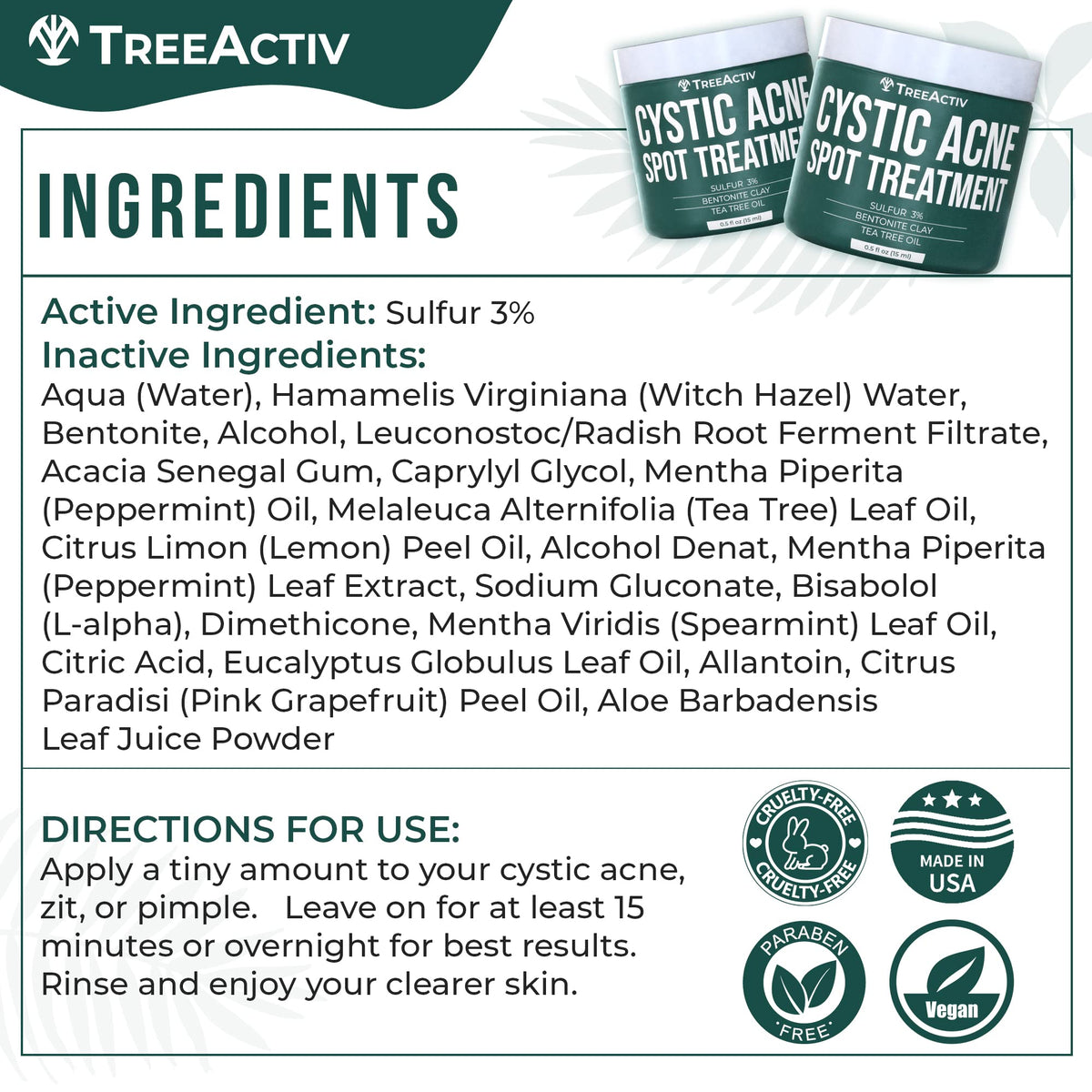 TreeActiv ingredients tea tree oil and bentonite clay showcasing clarifying benefit