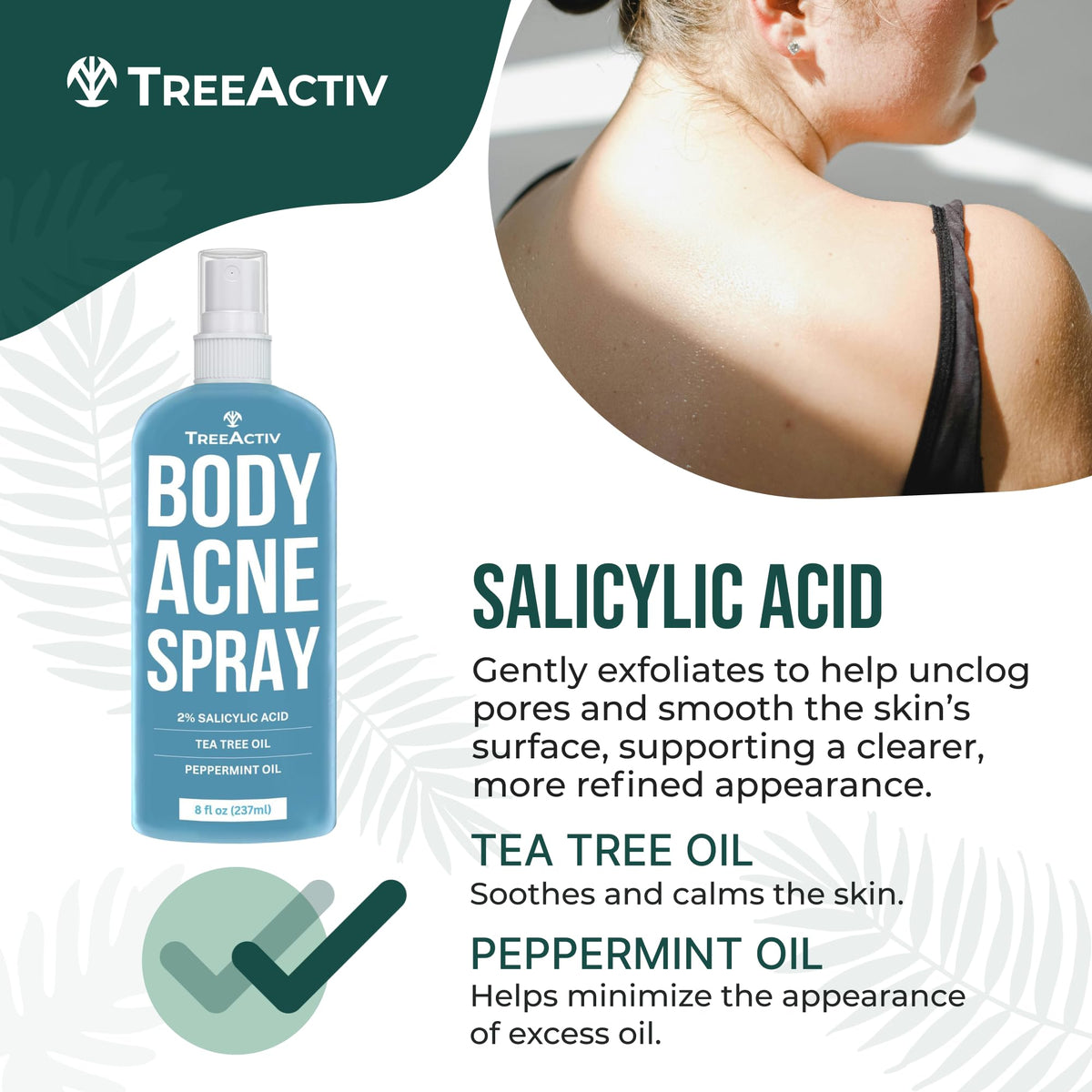 TreeActiv label close-up showing 2% salicylic acid and ingredient clarity benefit