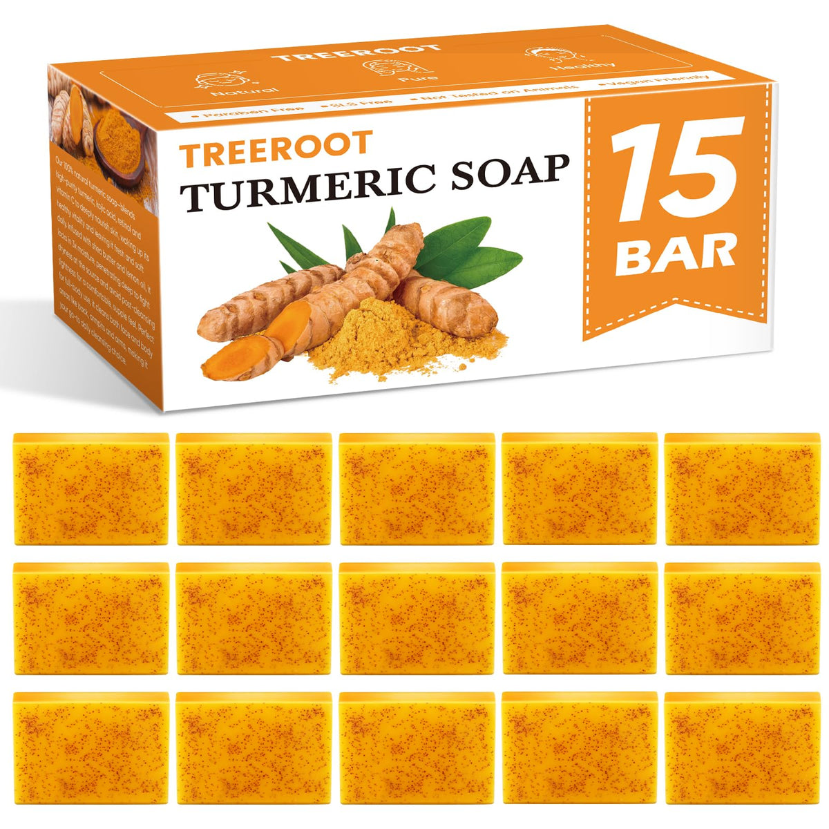 Treeroot front packaging of turmeric kojic acid soap showing clean design and gift-ready appeal