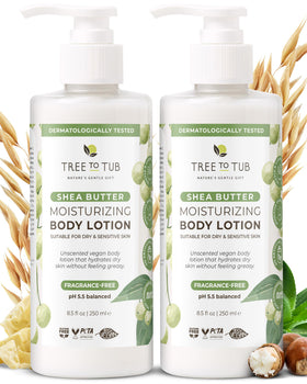 Tree To Tub front packaging showing unscented shea lotion benefits