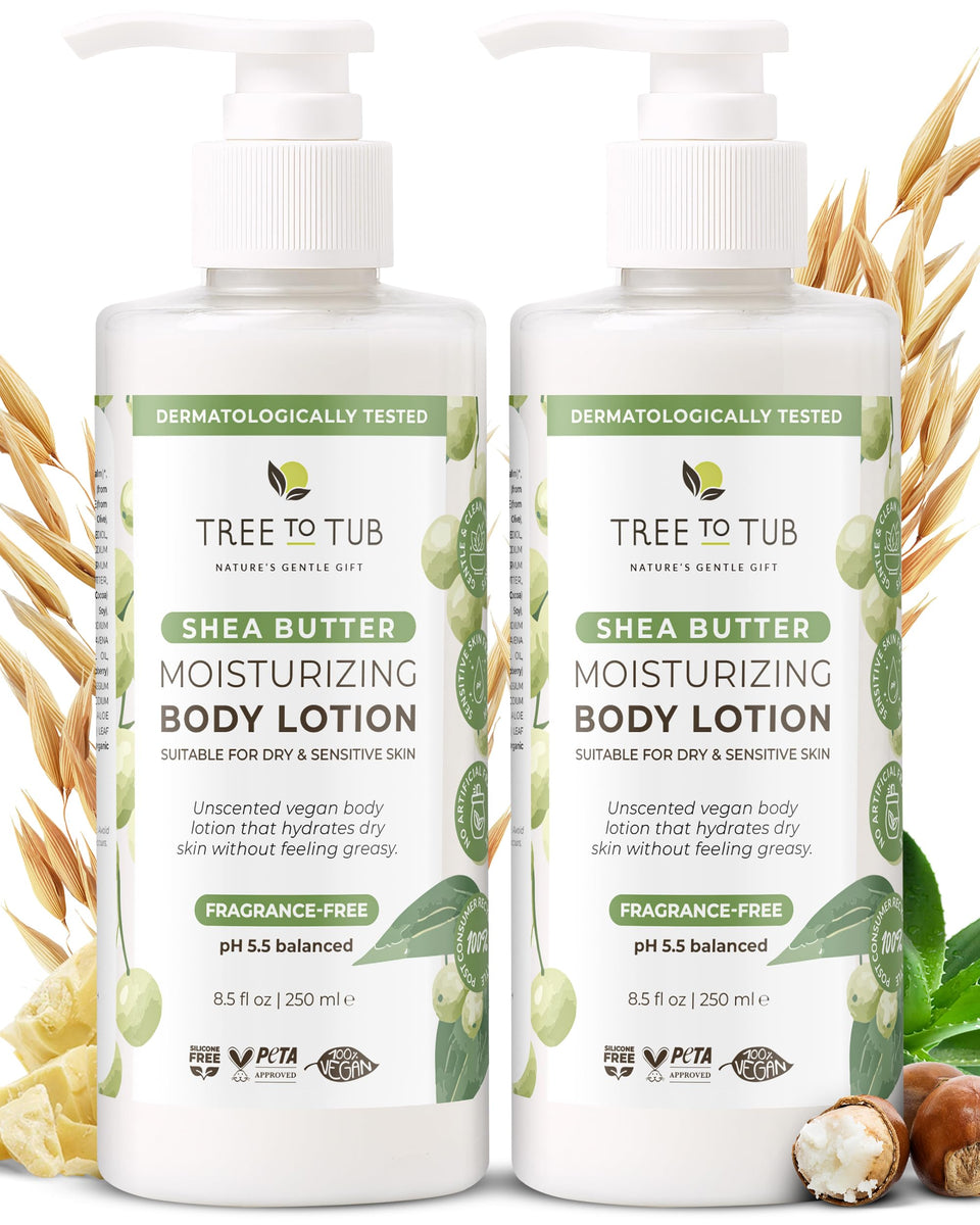 Tree To Tub front packaging showing unscented shea lotion benefits