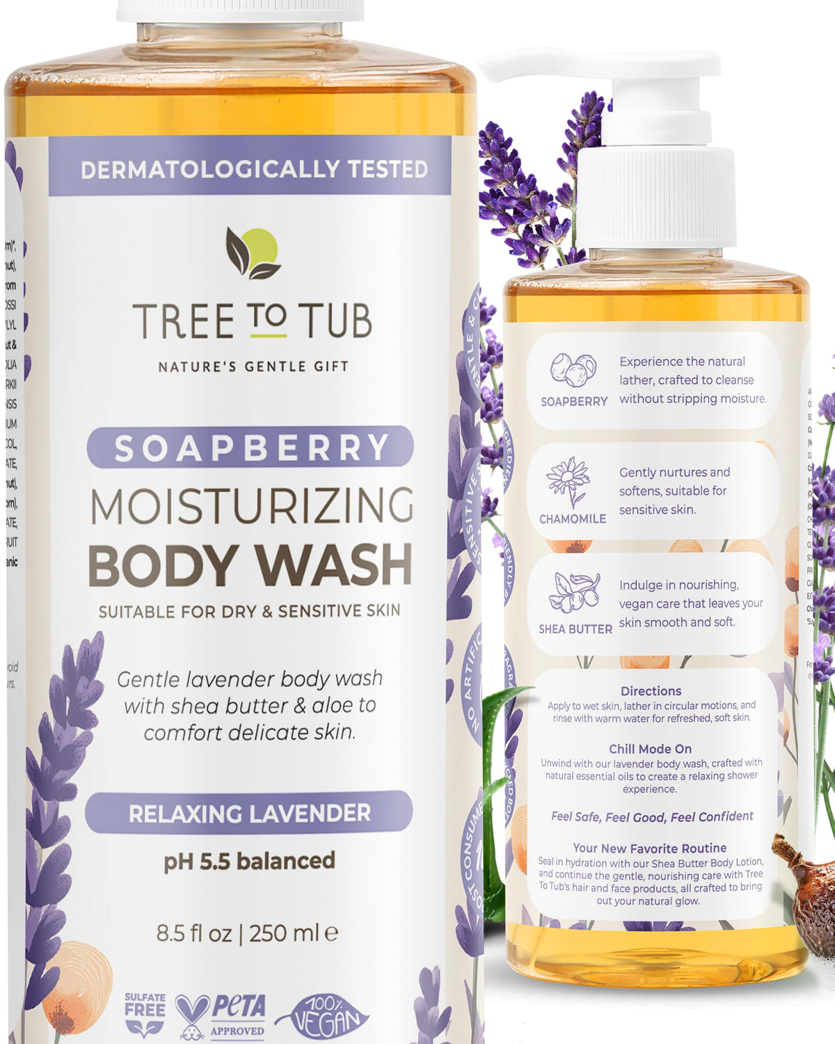 Tree To Tub front bottle showing lavender label and calming benefits