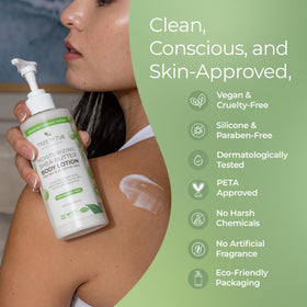 Tree To Tub lotion on a bathroom shelf conveying everyday skincare routine