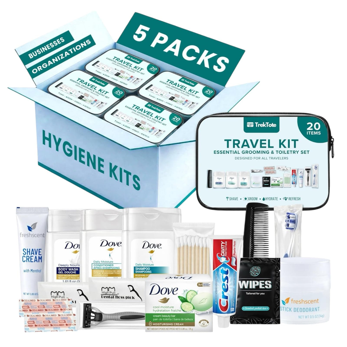 TREKTOTE front packaging showing clear bag and organized kit benefits portability