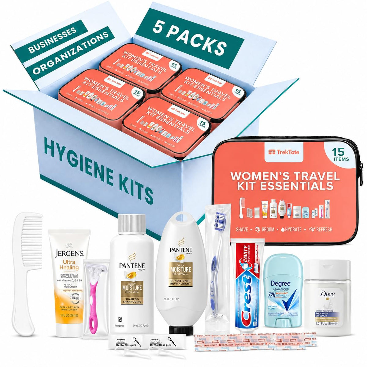 TrekTote kit front packaging showing complete 15-piece set for travel convenience