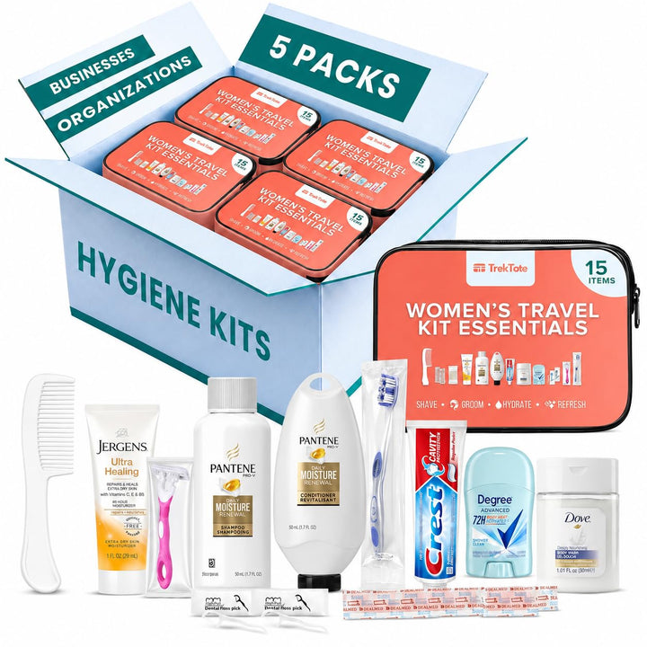 TrekTote kit front packaging showing complete 15-piece set for travel convenience