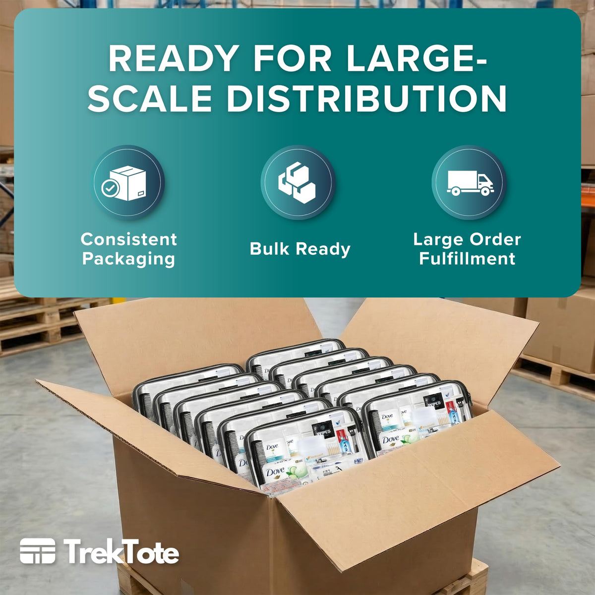 TREKTOTE stacked kits in a bulk case indicating efficient distribution and storage