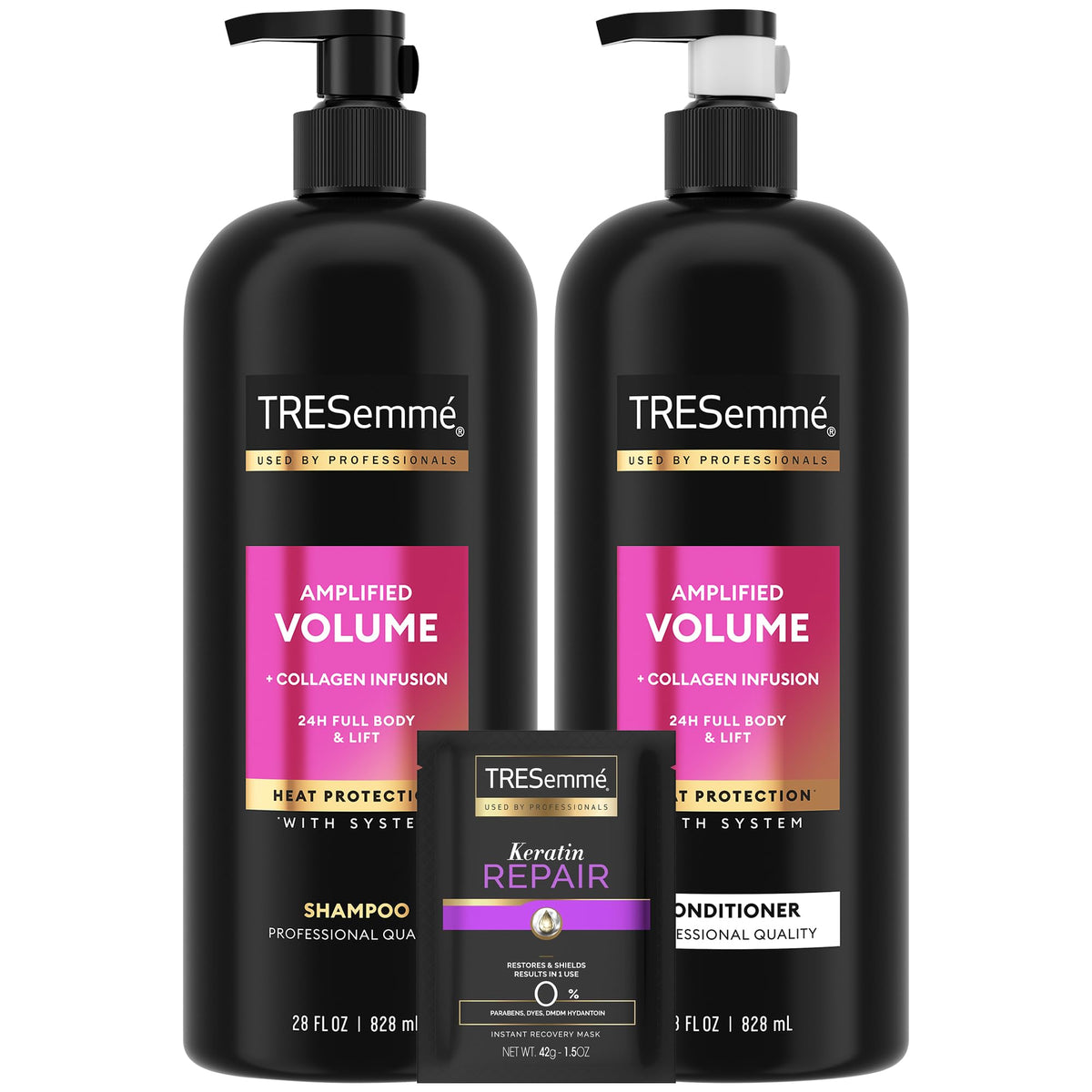 TRESemmé front packaging showing full three-piece set and clear benefits