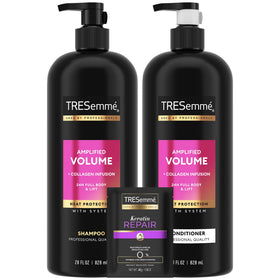 TRESemmé front packaging showing full three-piece set and clear benefits