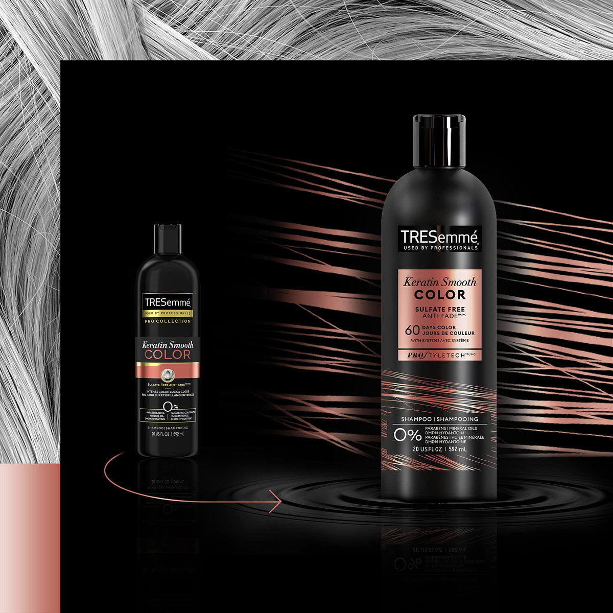 TRESemmé before and after color shine comparison showing enhanced gloss