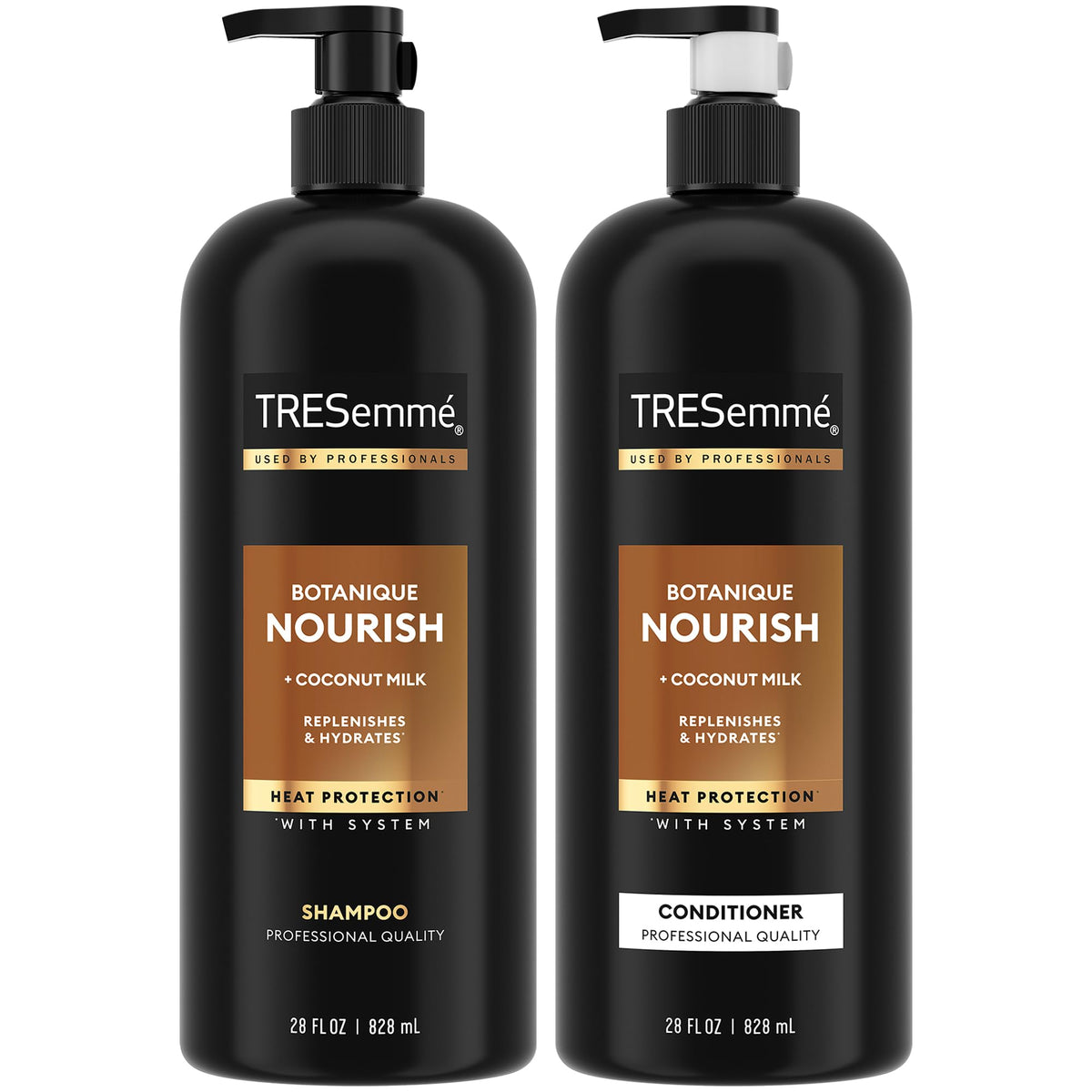 TRESemmé front packaging showing 28 oz shampoo and conditioner, conveys value