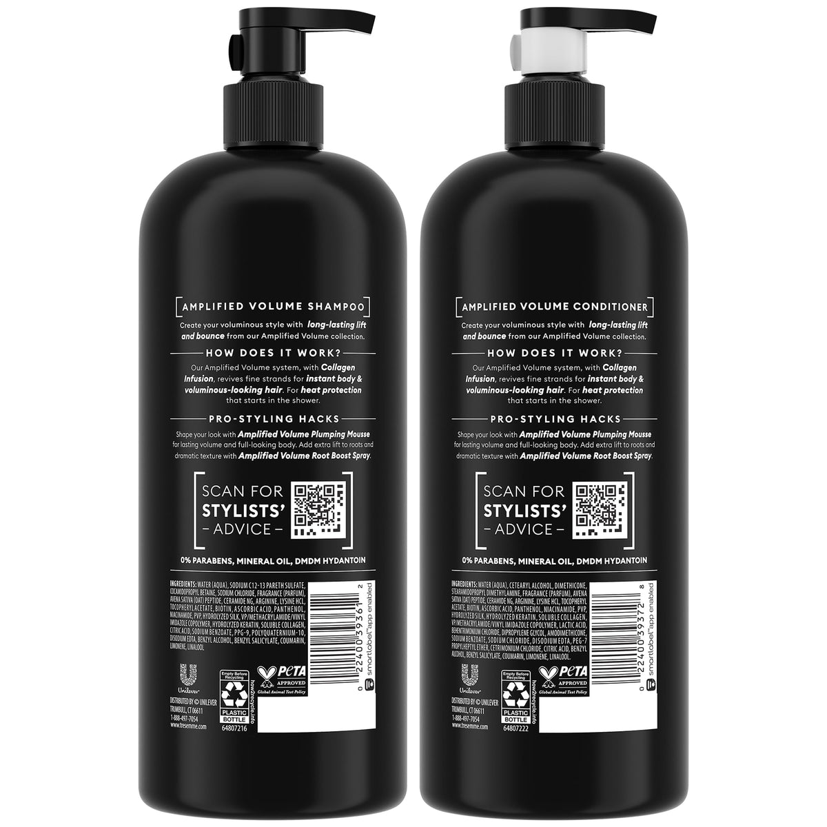 TRESemmé bottle closeup of ingredients label highlighting collagen infusion