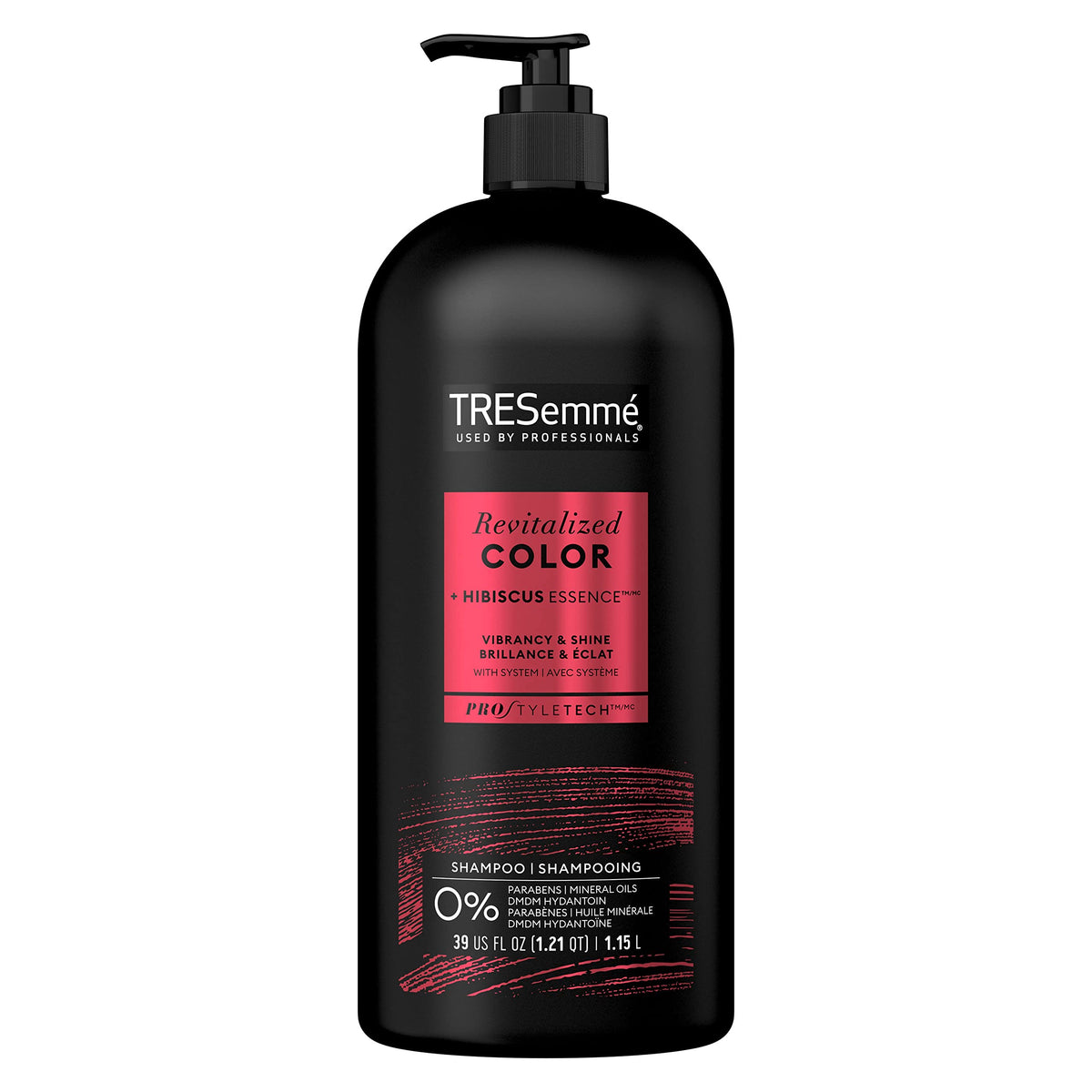 TRESemmé front packaging showing 39 oz bottle and pump for easy dispensing
