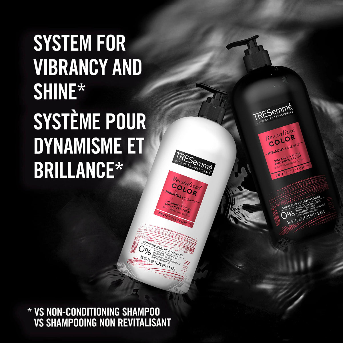 TRESemmé 39 oz bottle next to standard bottle for value and long-lasting supply
