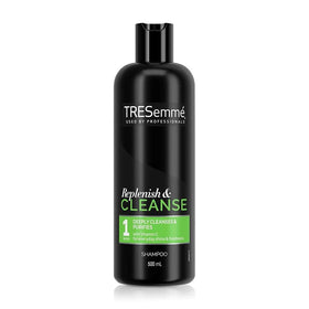 TRESemmé bottle front view showing label and 500ml volume, clear product identity