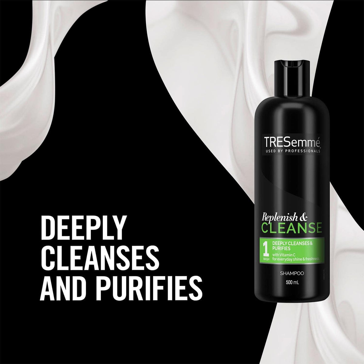 TRESemmé bottle on bathroom shelf next to towels, ready-to-use salon-style clean