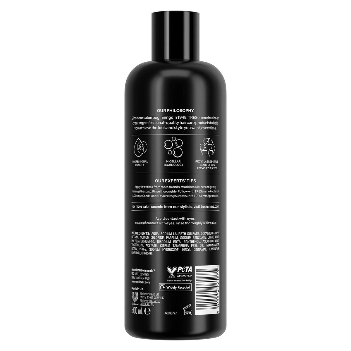 TRESemmé label close-up and pump top, easy dispensing and ingredient focus