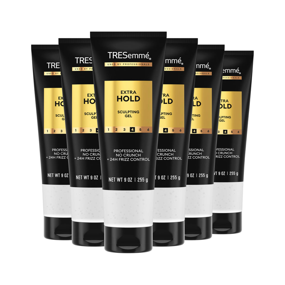 TRESemmé front packaging showing extra hold gel and clear branding benefit: reliable hold