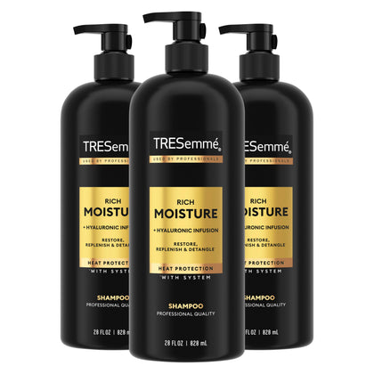 TRESemmé front packaging of Rich Moisture Shampoo showing salon-sized benefit