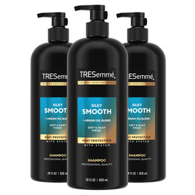 TRESemmé front packaging shows three 28 fl oz bottles, long-lasting supply