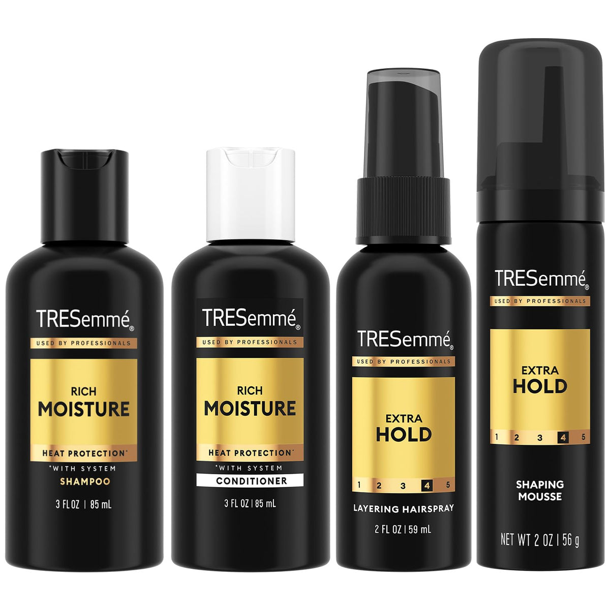 TRESemmé travel set front packaging showing all four products benefits