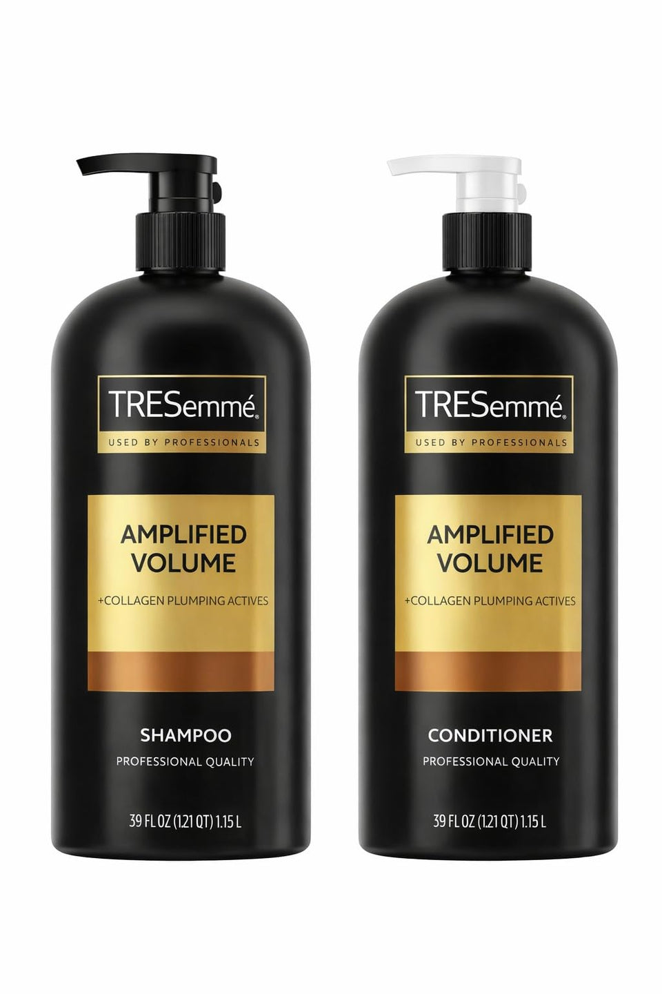 TRESemmé front packaging showing 39 oz bottles and volume benefit